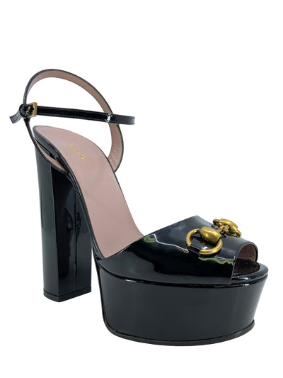 GUCCI Claudie Patent Leather Platform Horsebit Sandals Size 8-Consigned Designs