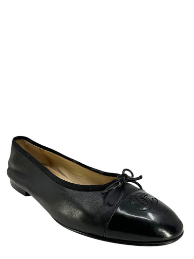 CHANEL CC Cap Toe Lambskin Leather Ballet Flats Size 39-Consigned Designs