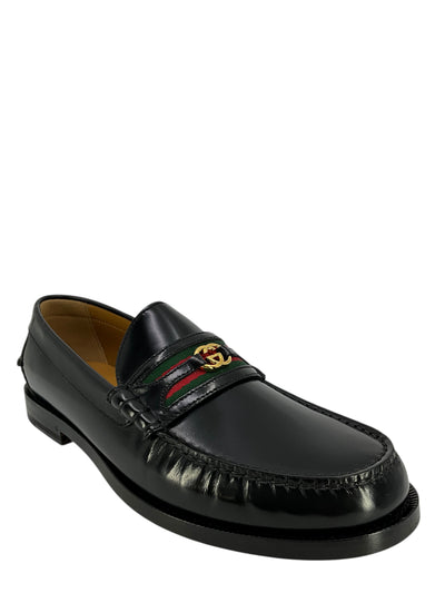 Gucci Leather GG Logo Web Moccasin Men's Loafer Size 9.5 NEW-Consigned Designs