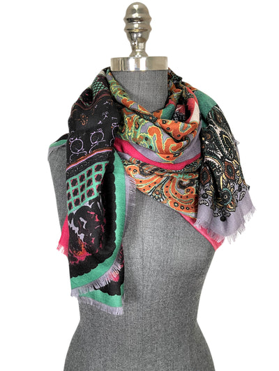 ETRO Paisley Printed Cashmere Fringe Oblong Shawl Scarf-Consigned Designs