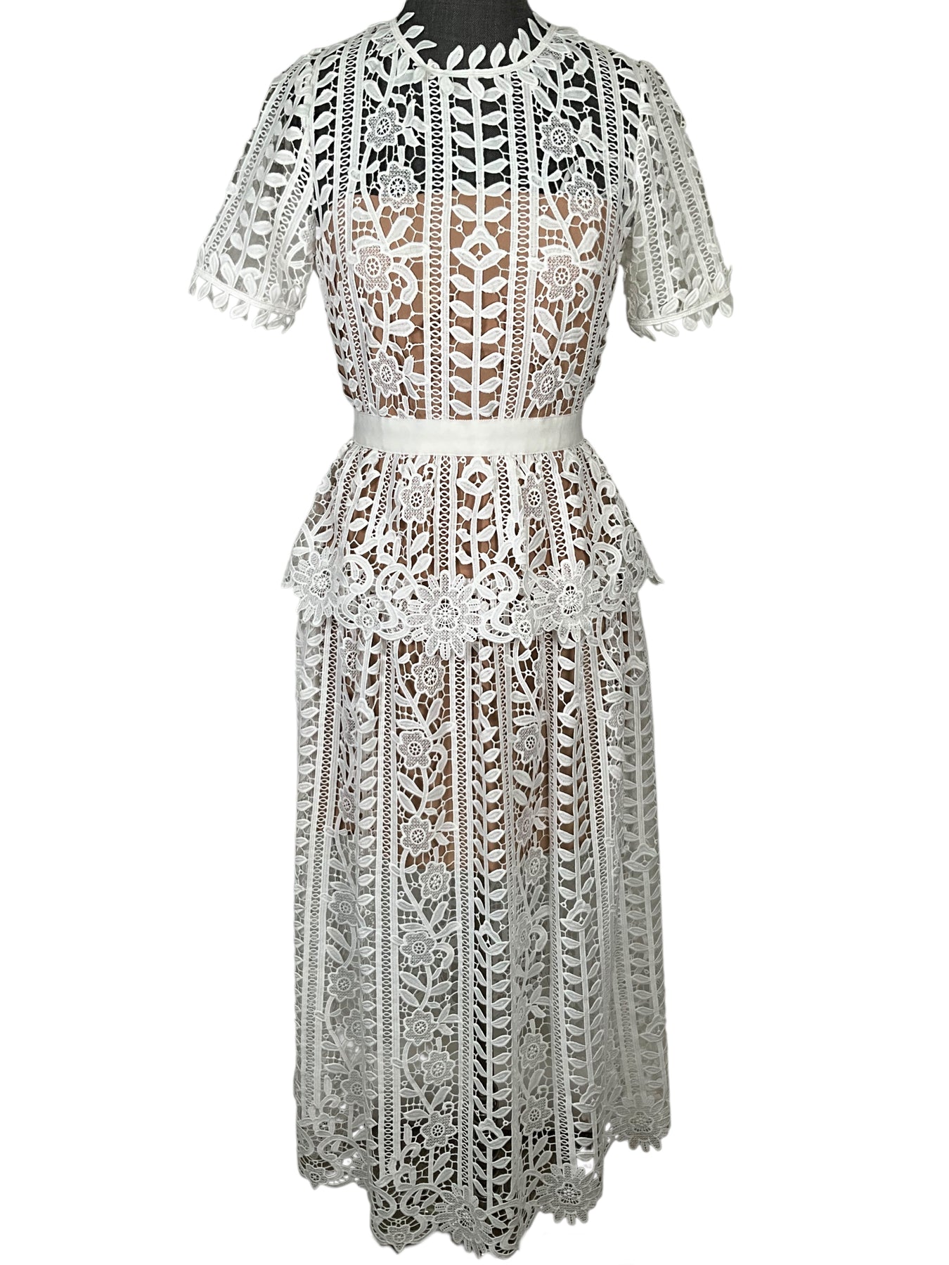white guipure lace peplum midi dress Lace Midi Dress with Peplum Waist and Satin Collar