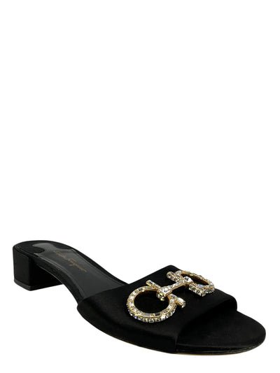 Salvatore Ferragamo Lampio Satin Crystal Gancini Slide Sandals Size 7.5-Consigned Designs