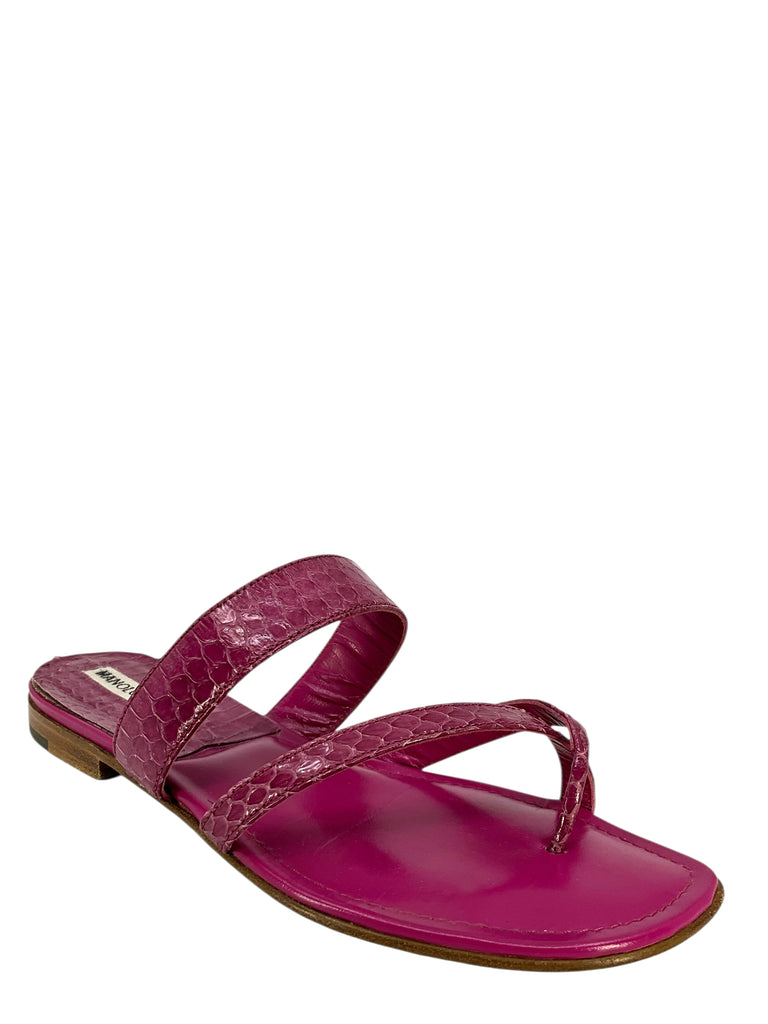 Manolo Blahnik Susa Snakeskin Thong Sandals Size 6 - Consigned Designs