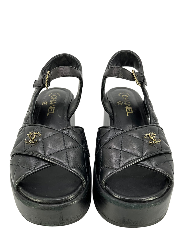 Chanel 23P Quilted Lambskin CC Platform Sandals Size 8 - Consigned