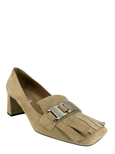Prada Suede Fringe Logo Buckle Square Toe Pumps Size 7-Consigned Designs