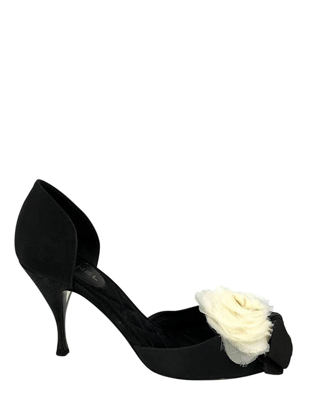 CHANEL 09C Satin Camellia d'Orsay Pumps Size 8.5 - Consigned Designs