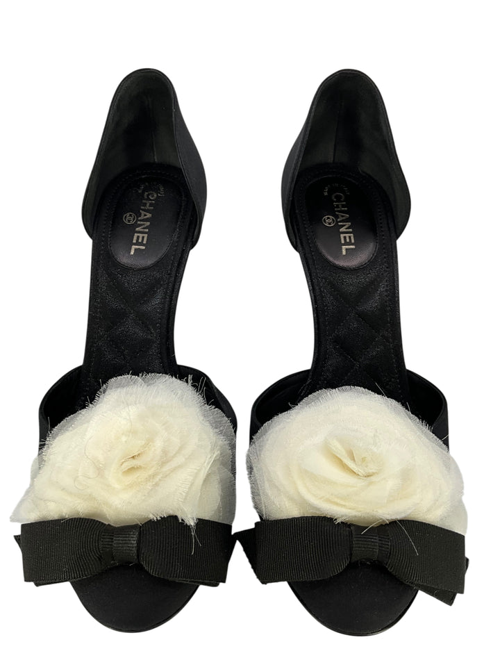 CHANEL 09C Satin Camellia d'Orsay Pumps Size 8.5 - Consigned Designs