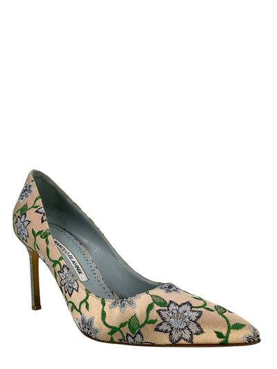 Manolo Blahnik Floral Embroidered Satin Pumps Size 8-Consigned Designs