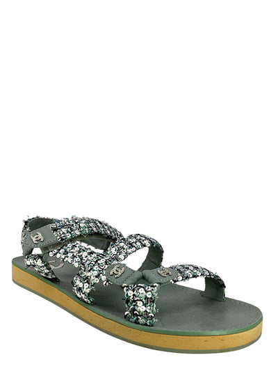 CHANEL Tweed Sequin Crystal CC Sandals Size 11.5-Consigned Designs