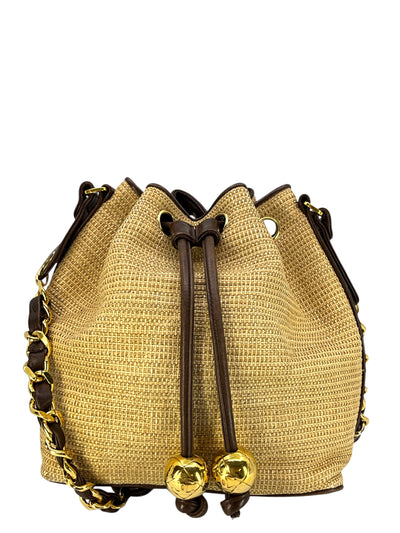 Chanel Vintage Raffia and Leather Drawstring Bucket Bag-Consigned Designs