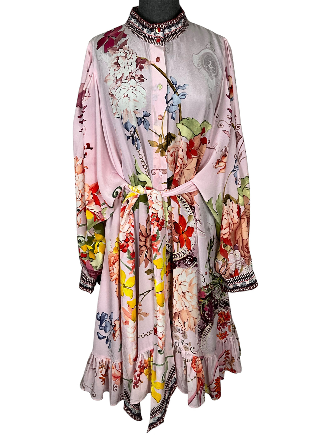 camilla silk mini dress Camilla Soul Searching Silk Wrap Mini Dress XS Blue Gold Baroque Print $799