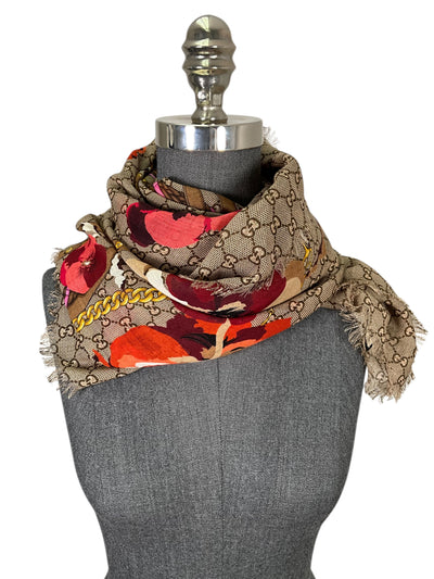 Gucci Monogram Flower Print Wool Shawl Scarf-Consigned Designs