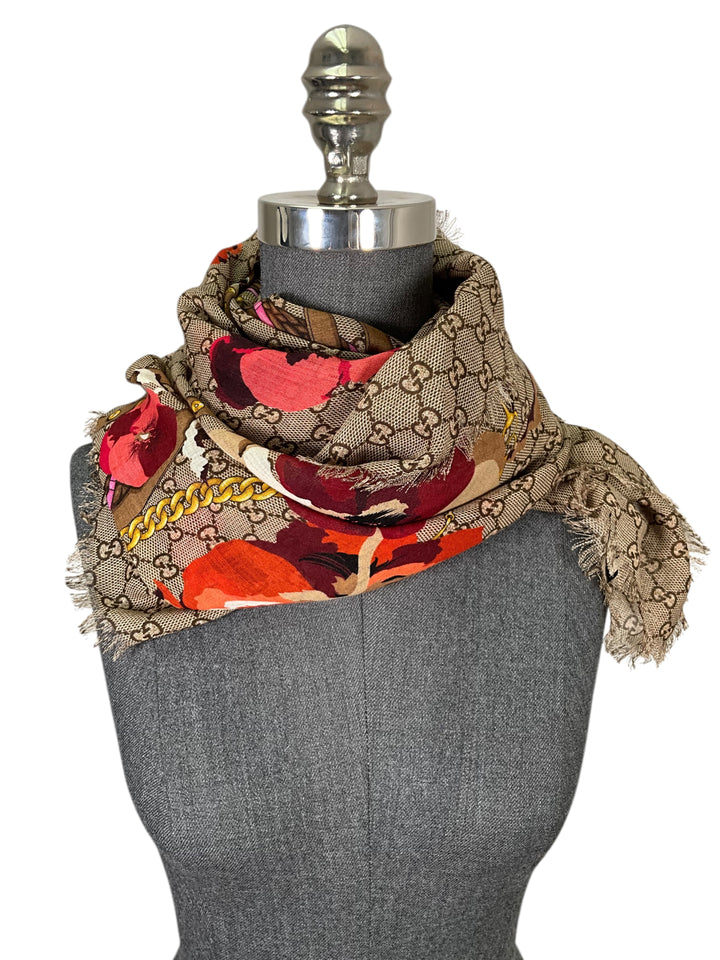 Gucci Monogram Flower Print Wool Shawl Scarf - Consigned Designs
