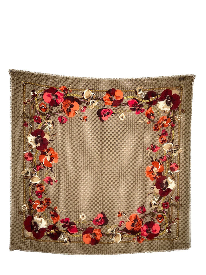 美品　GUCCI 鹿　花柄　総柄　スカーフ　ブラウン　茶色　シルク　動物 Gucci Monogram Flower Print Wool Shawl Scarf - Consigned Designs