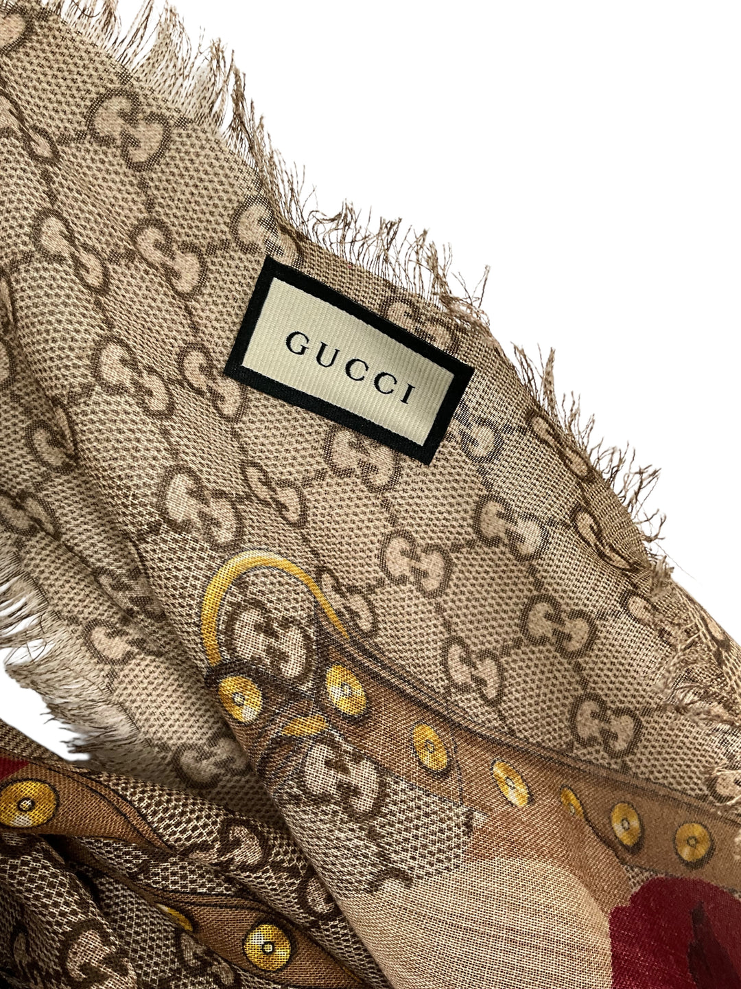 美品　GUCCI 鹿　花柄　総柄　スカーフ　ブラウン　茶色　シルク　動物 Gucci Monogram Flower Print Wool Shawl Scarf - Consigned Designs