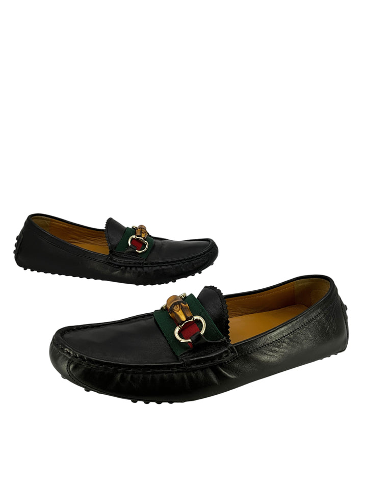 Gucci Leather Web Bamboo Horsebit Driver Loafers Size 10