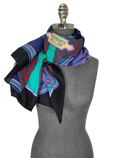 Hermes Bouquets Sellier Cashmere Silk Shawl Scarf 140-Consigned Designs