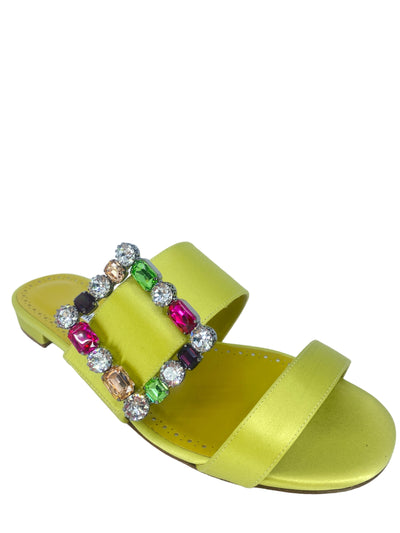 Manolo Blahnik Verda Crystal Buckle Flat Sandals In Green Size 38 1/2-Consigned Designs