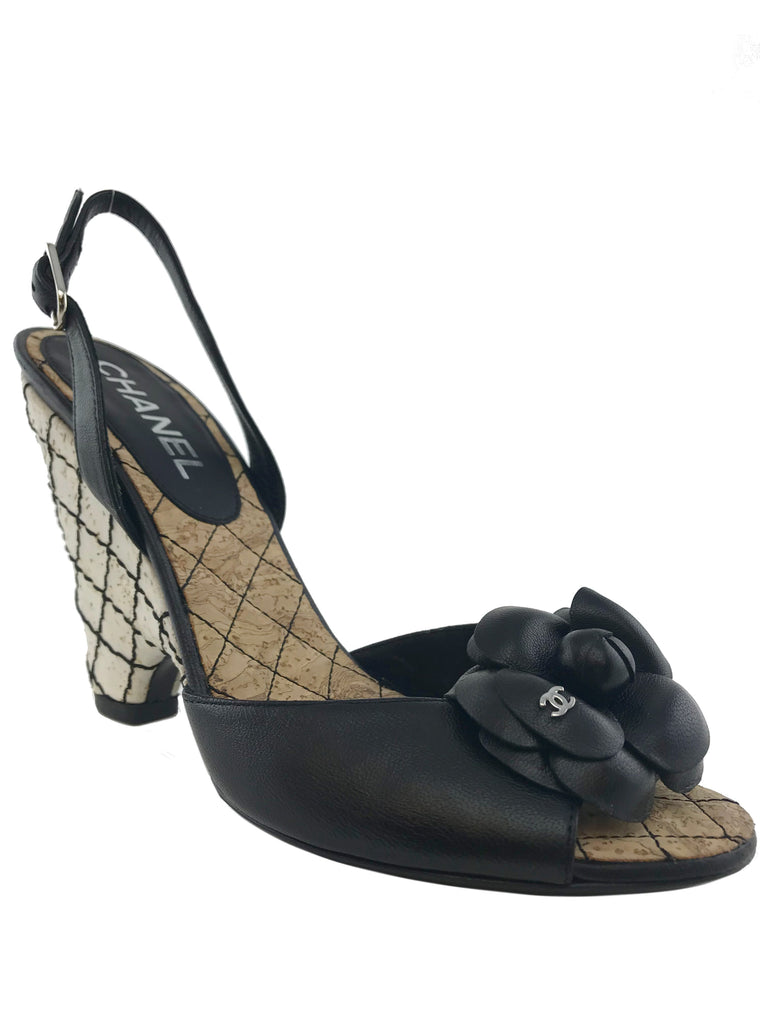 CHANEL Black Slingbacks Sandals Camellia Flower Black Leather And
