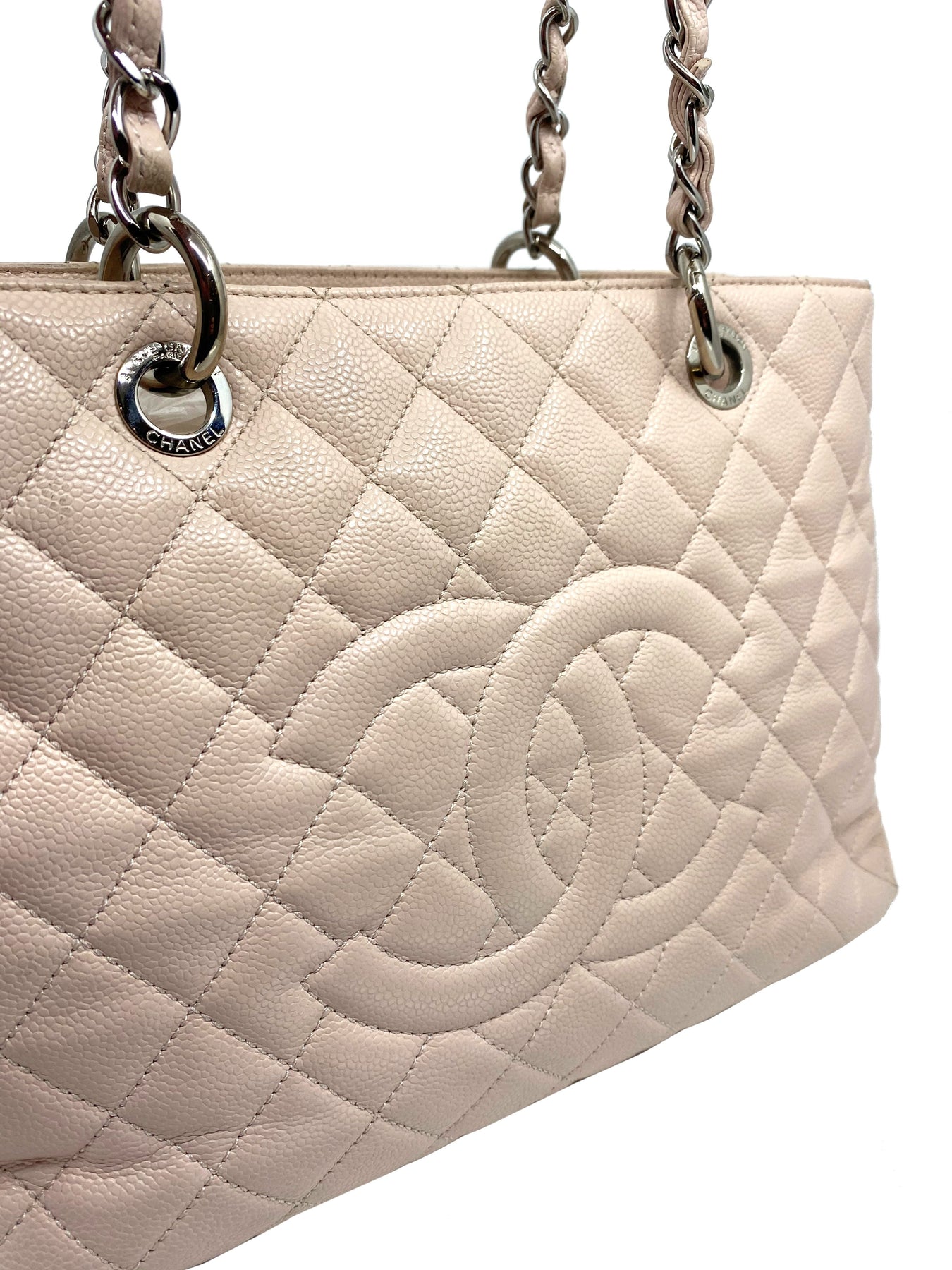 CHANEL Grand Shopping Quilted Caviar Leather Tote Bag White