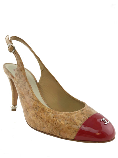 Chanel Glazed Cork CC Cap Toe Slingback Pump Size 6.5-Consigned Designs