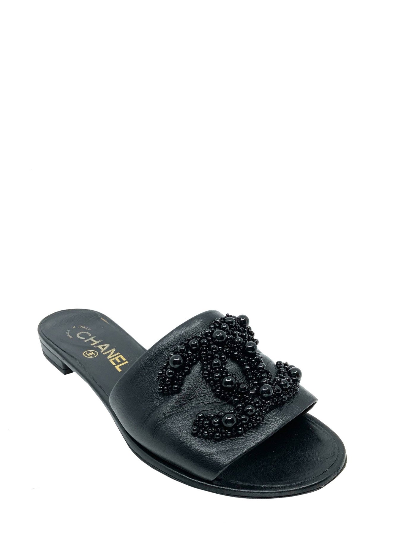 Chanel Black Leather Faux Pearl Slide Flat Sandals Size 39 Chanel