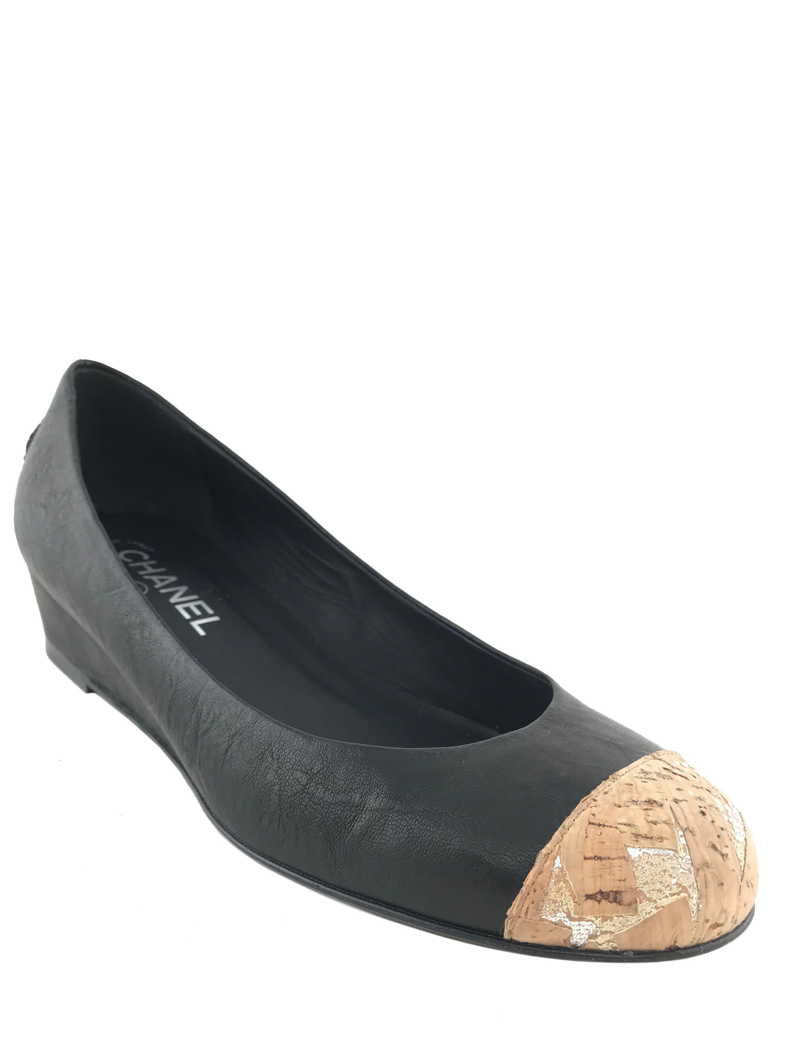Chanel gold logo mules sandals black lambskin leather/cork