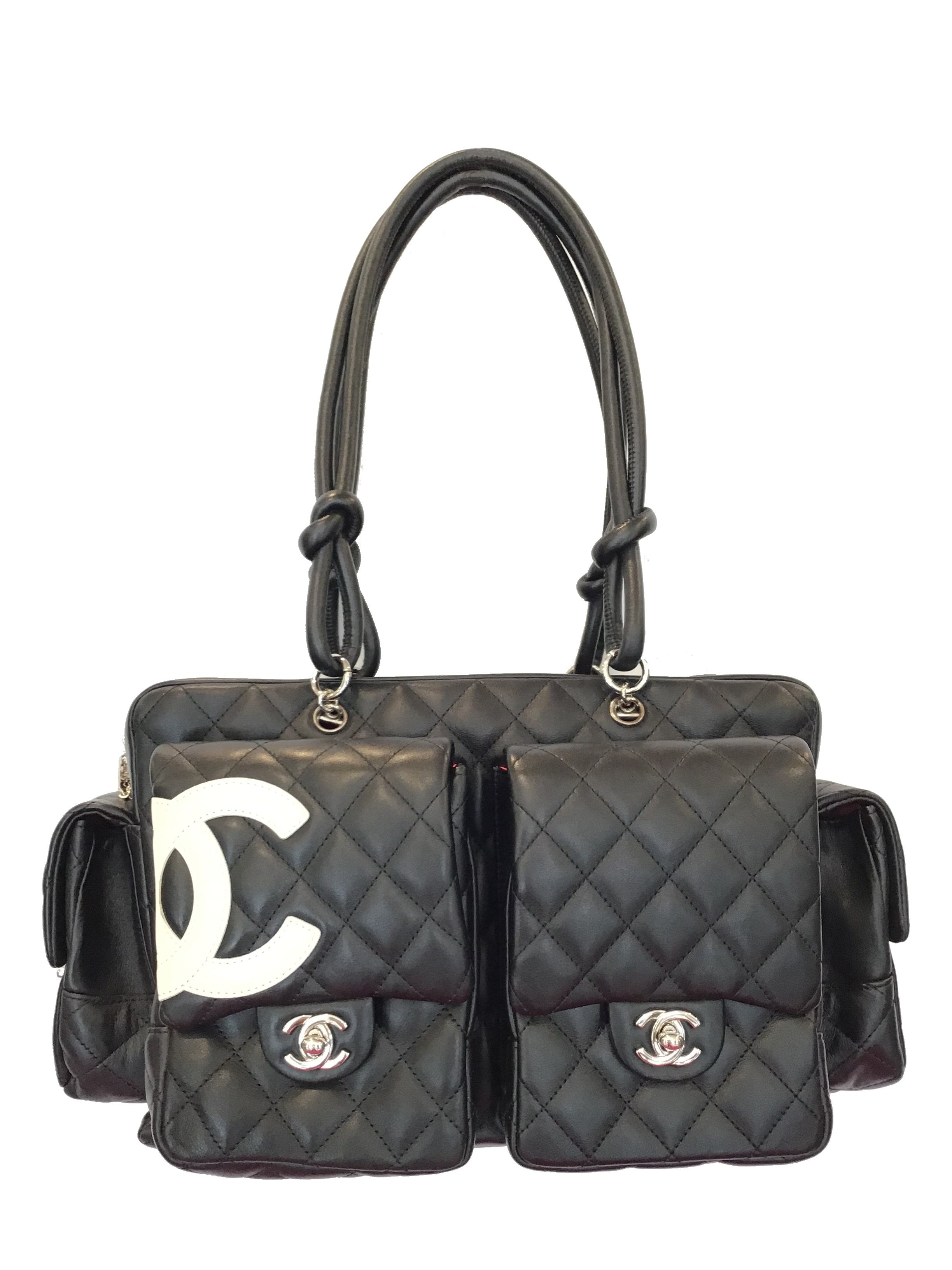 CHANEL Calfskin Quilted Large Cambon Bowler Beige Black 1250351