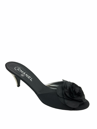 Chanel Silk Grosgrain Camellia Metal Heel Mules Size 11-Consigned Designs