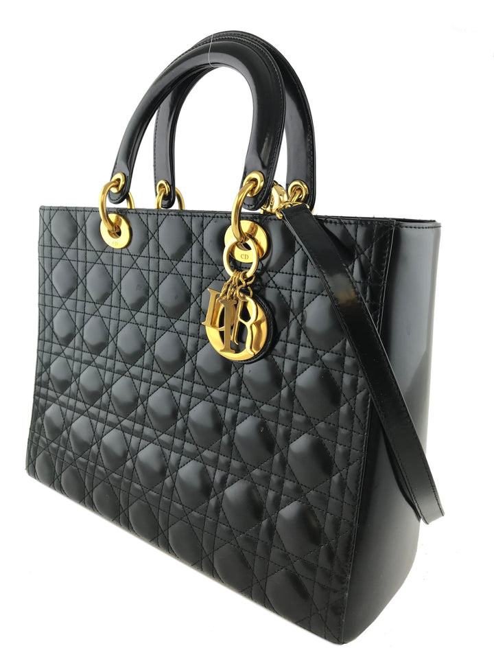 【リユース】C.DIOR トートバッグ LADY DIOR Christian Dior Lady Dior Cannage Patent Leather Large Tote