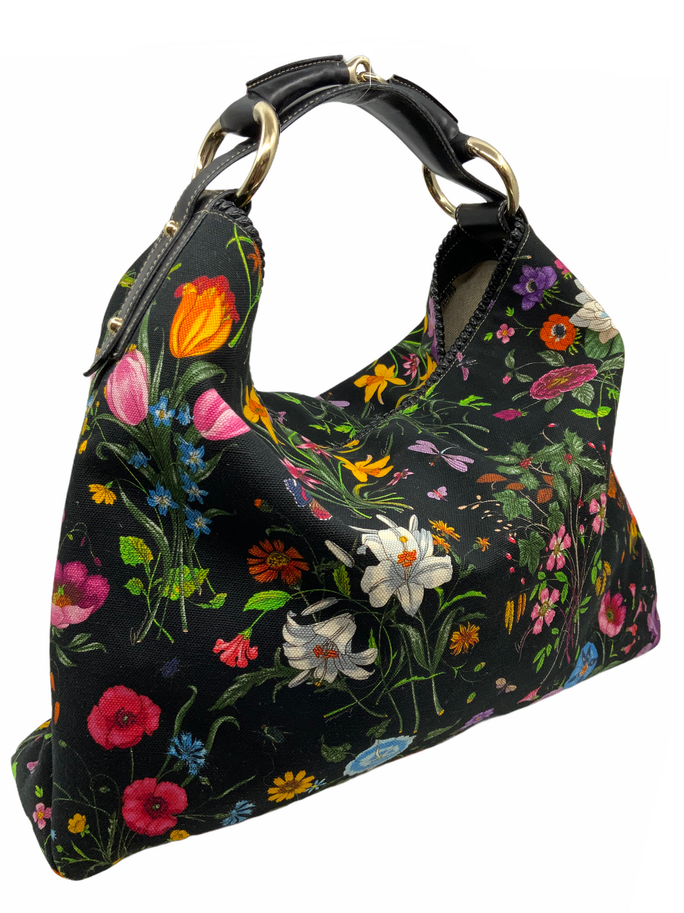 Authentic GUCCI Botanical Floral Canvas Print Horsebit Hobo 