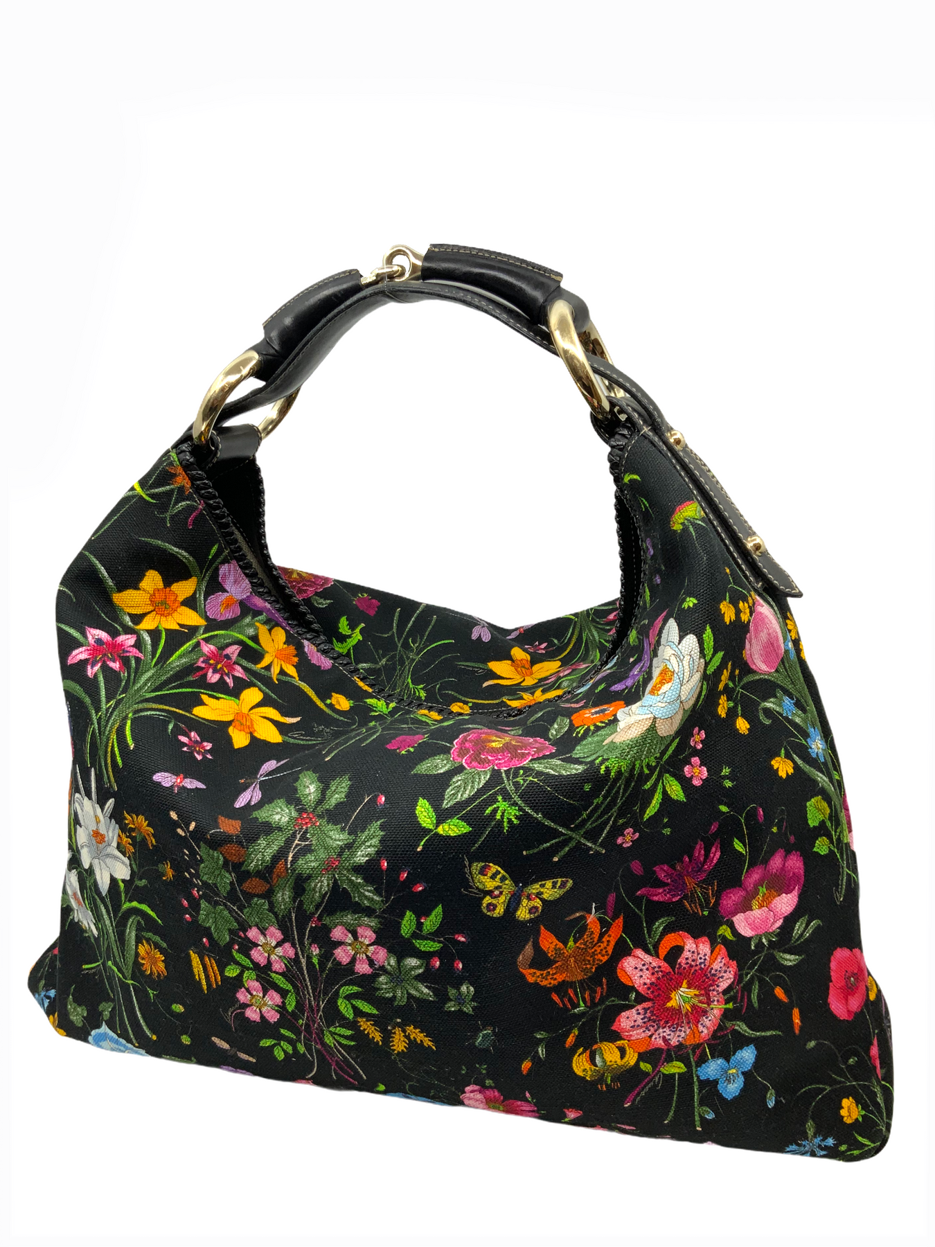 Gucci Black Floral Canvas Horsebit Chain Large Hobo Bag - Yoogi's Closet