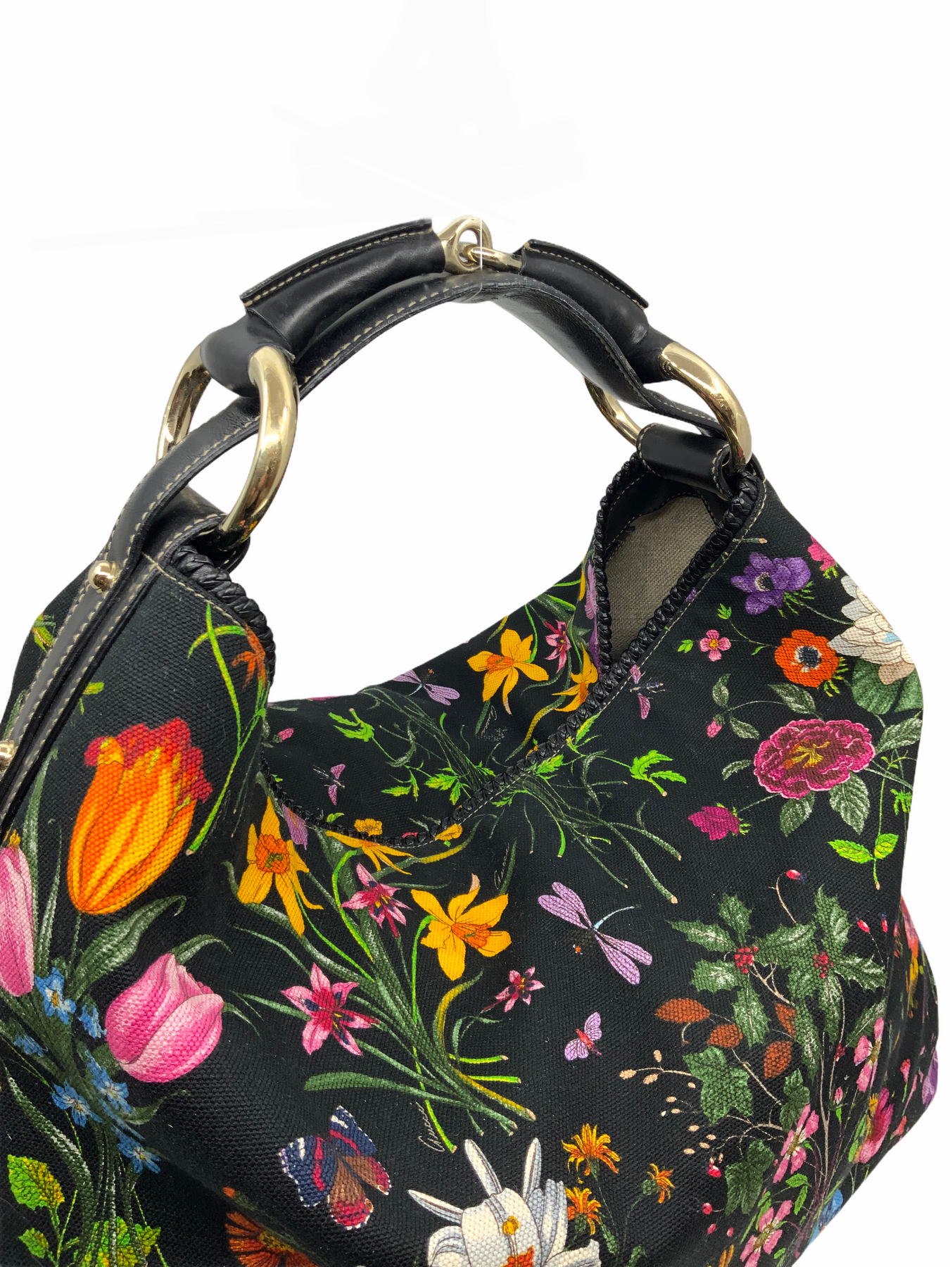 Gucci White Floral Print Canvas and Leather Small Horsebit Hobo at