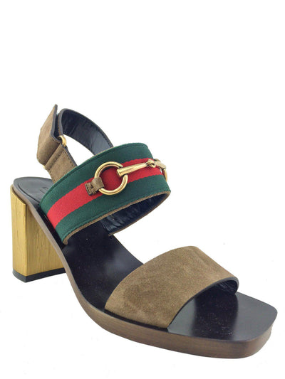 Gucci Web Trimmed Horsebit Suede Slingback Sandals Size 7-Consigned Designs