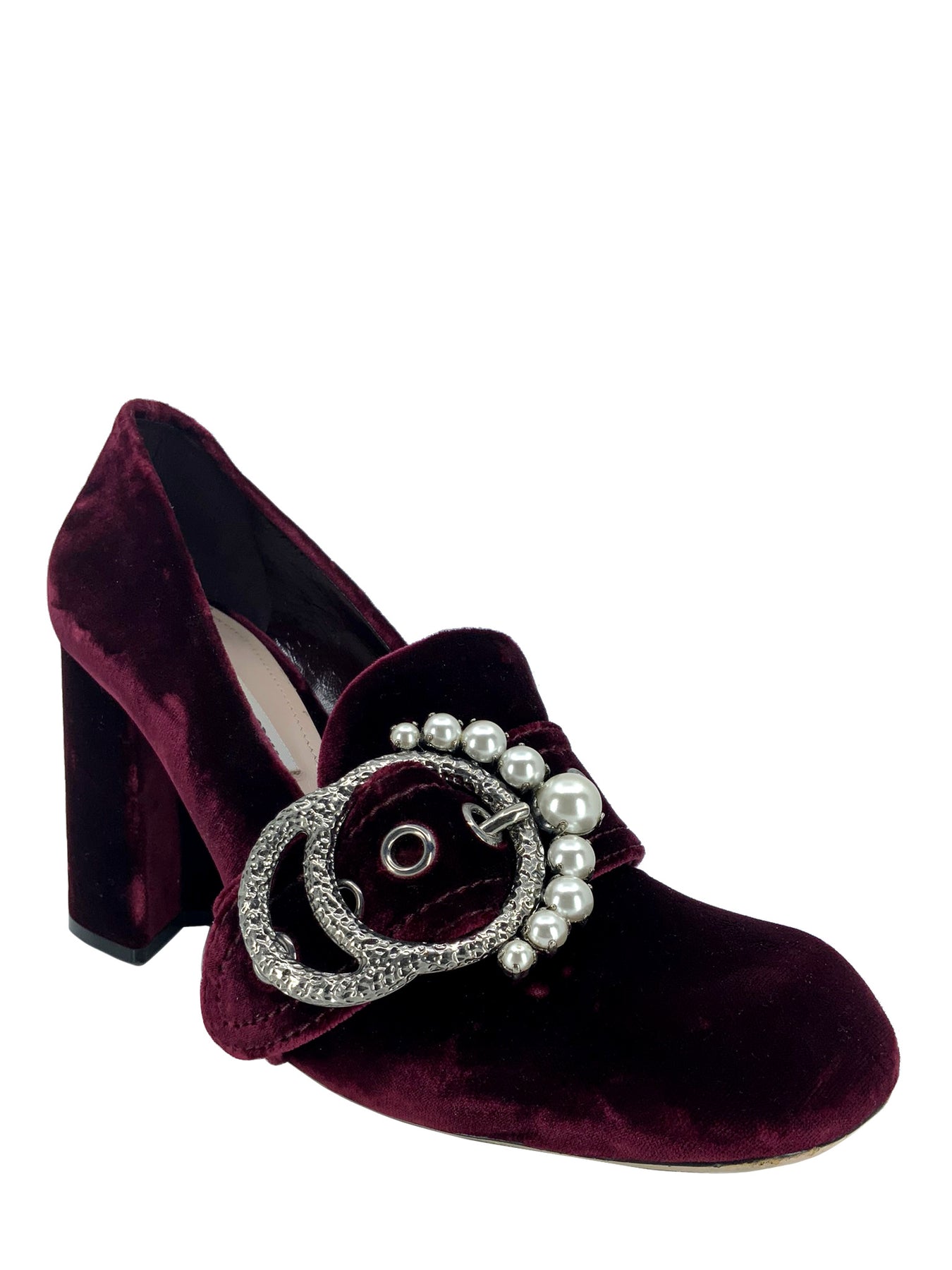 Miu Miu Black Satin Crystal and Faux Pearl Embellished Brooch Peep Toe Mules  Siz For Sale at 1stDibs