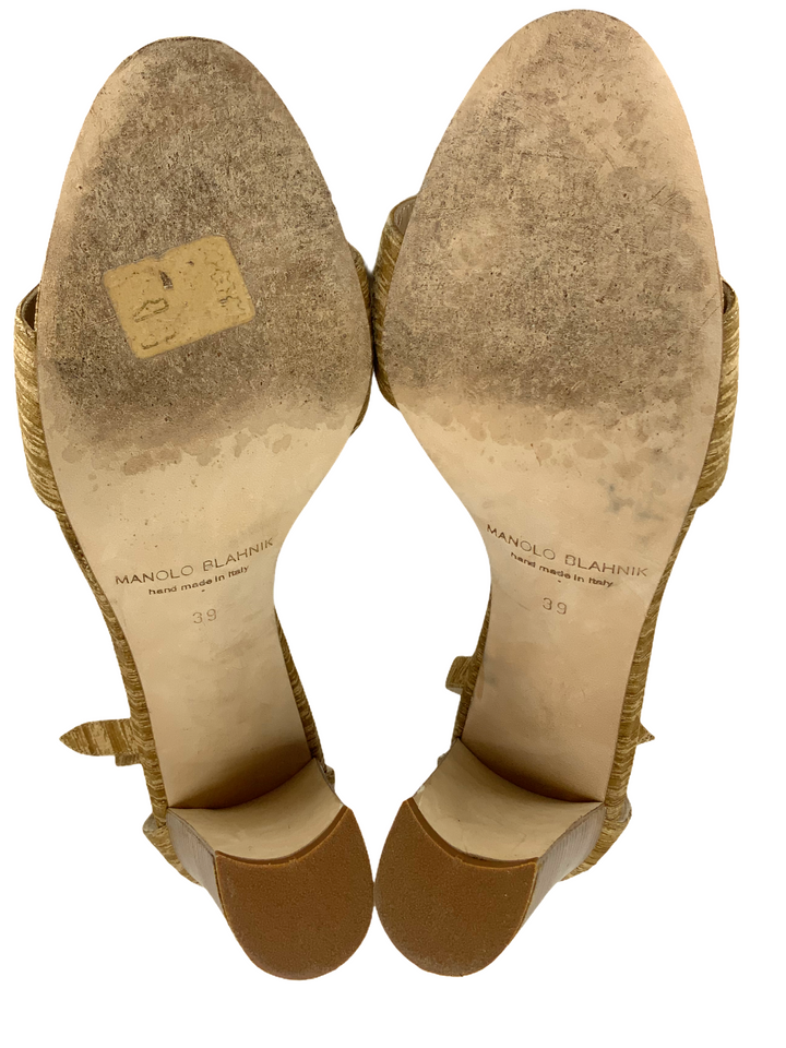 Manolo Blahnik Natural Raw Silk Ankle Strap Block Heel