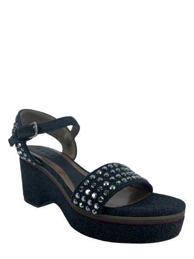 MARNI Studded Denim Ankle Strap Wedge Sandals Size 9-Consigned Designs