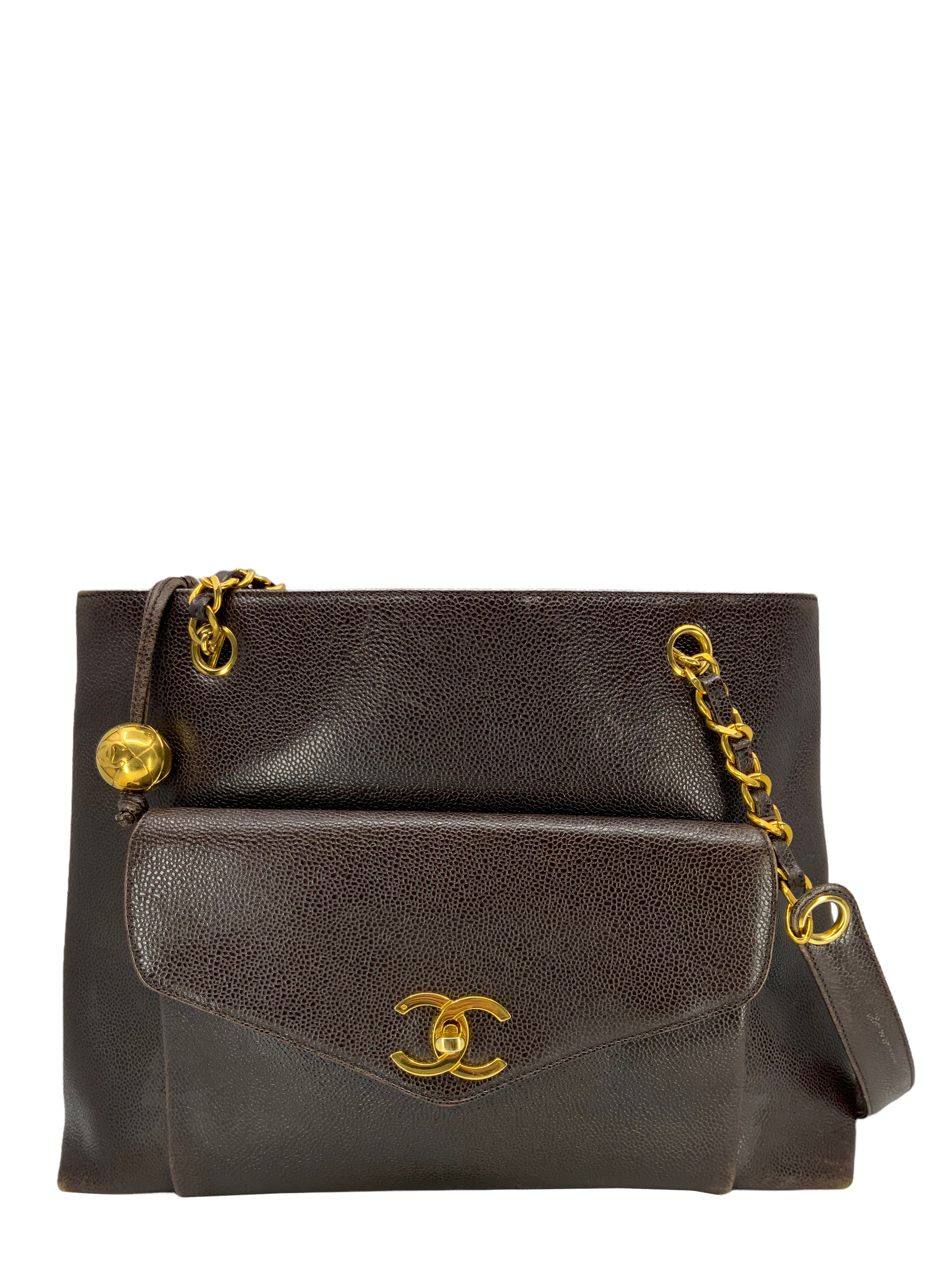 Chanel Vintage Front Pocket Shoulder Bag Quilted Caviar Large Black 1666681