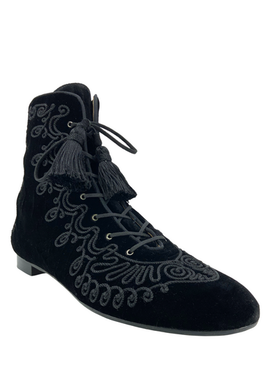 Aquazzura Almaty Embroidered Velvet Lace Up Ankle Booties Size 10-Consigned Designs