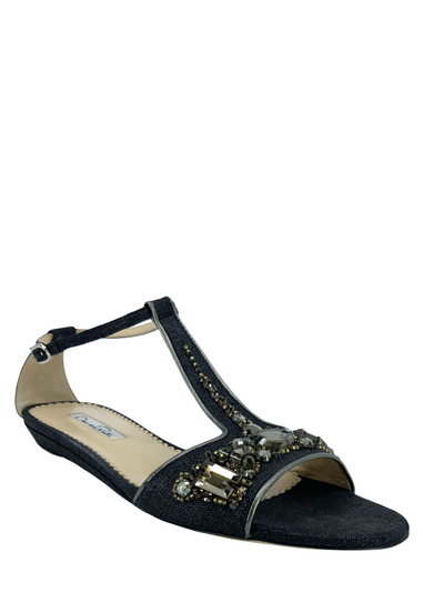 Oscar de la Renta Embellished T-Strap Flat Sandals Size 8-Consigned Designs