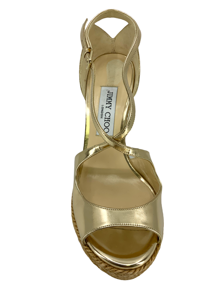 関税・送料込み【JIMMY CHOO】LEDA WEDGE SANDALS Leda Wedge 100 |Gold Metallic Nappa Leather Mule Wedge