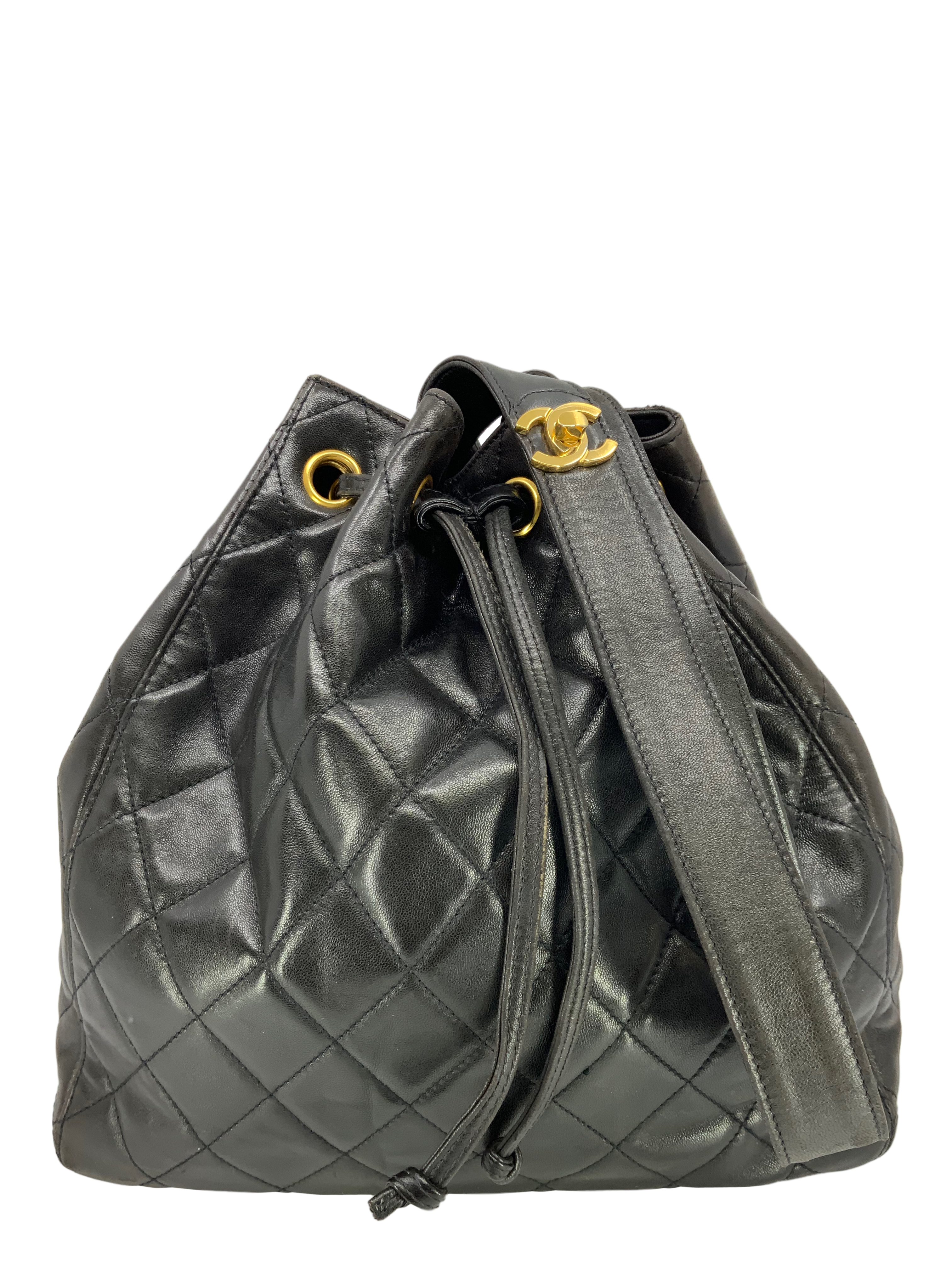 Chanel Vintage Lambskin Drawstring Bucket CC Strap Shoulder Bag