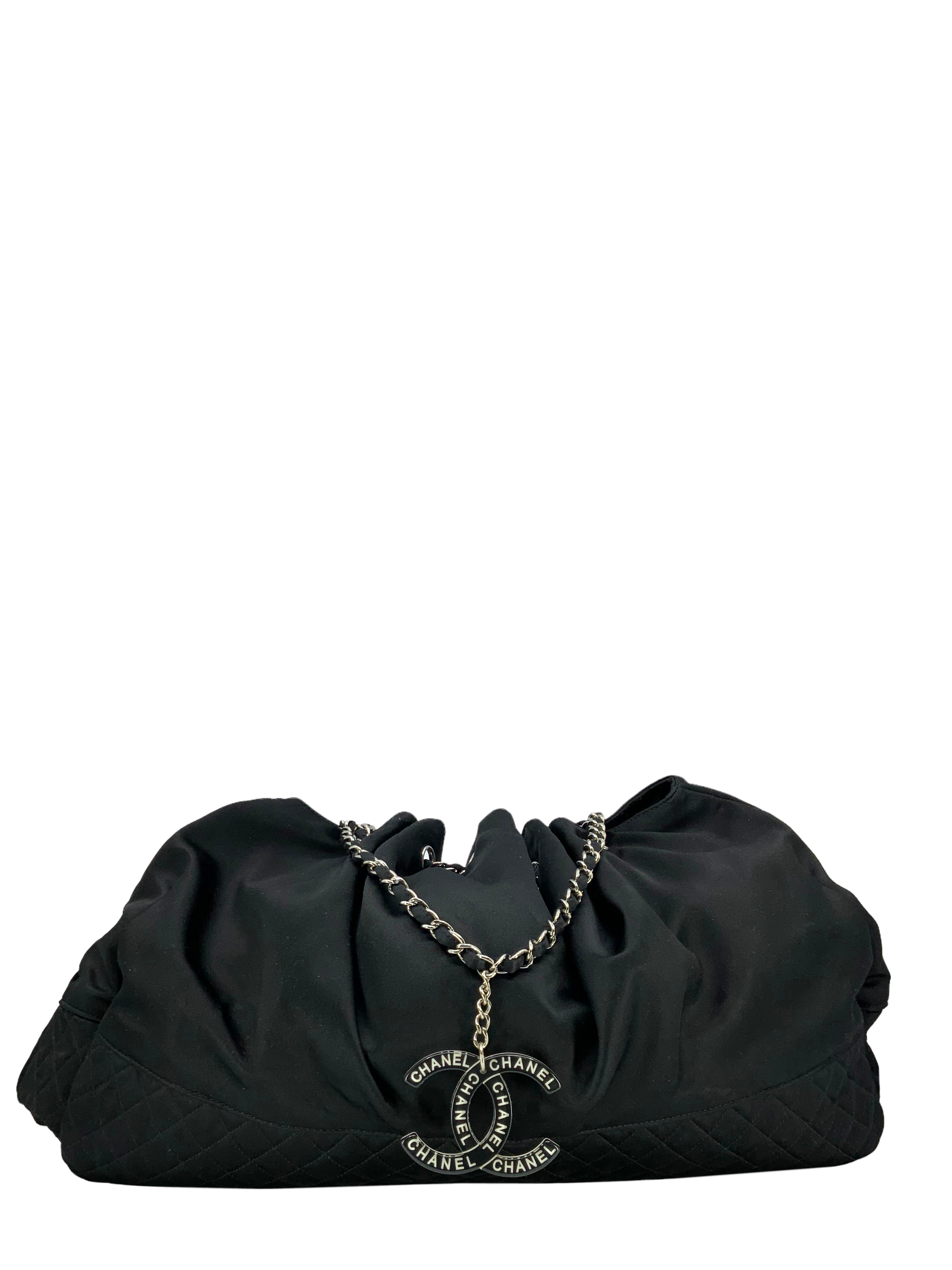 Vintage Chanel Black Satin & Leather Drawstring Bucket Bag