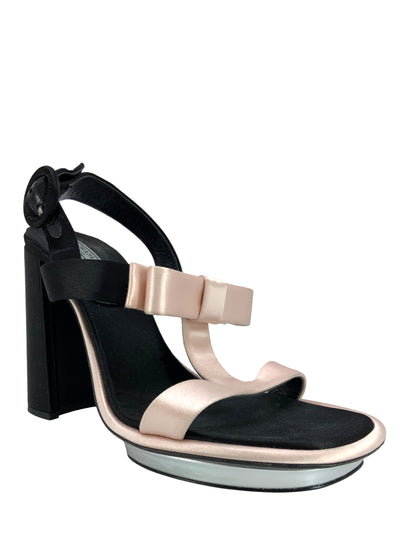 PRADA Satin Bow Embellished T Strap Block Heel Sandals Size 9-Consigned Designs