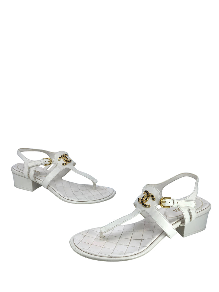 CHANEL 21P Leather CC Logo Thong Sandals Size 8 - Consigned
