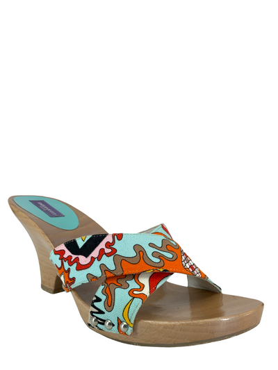 Emilio Pucci Printed Canvas Wooden Slide Sandals Size 9-Consigned Designs