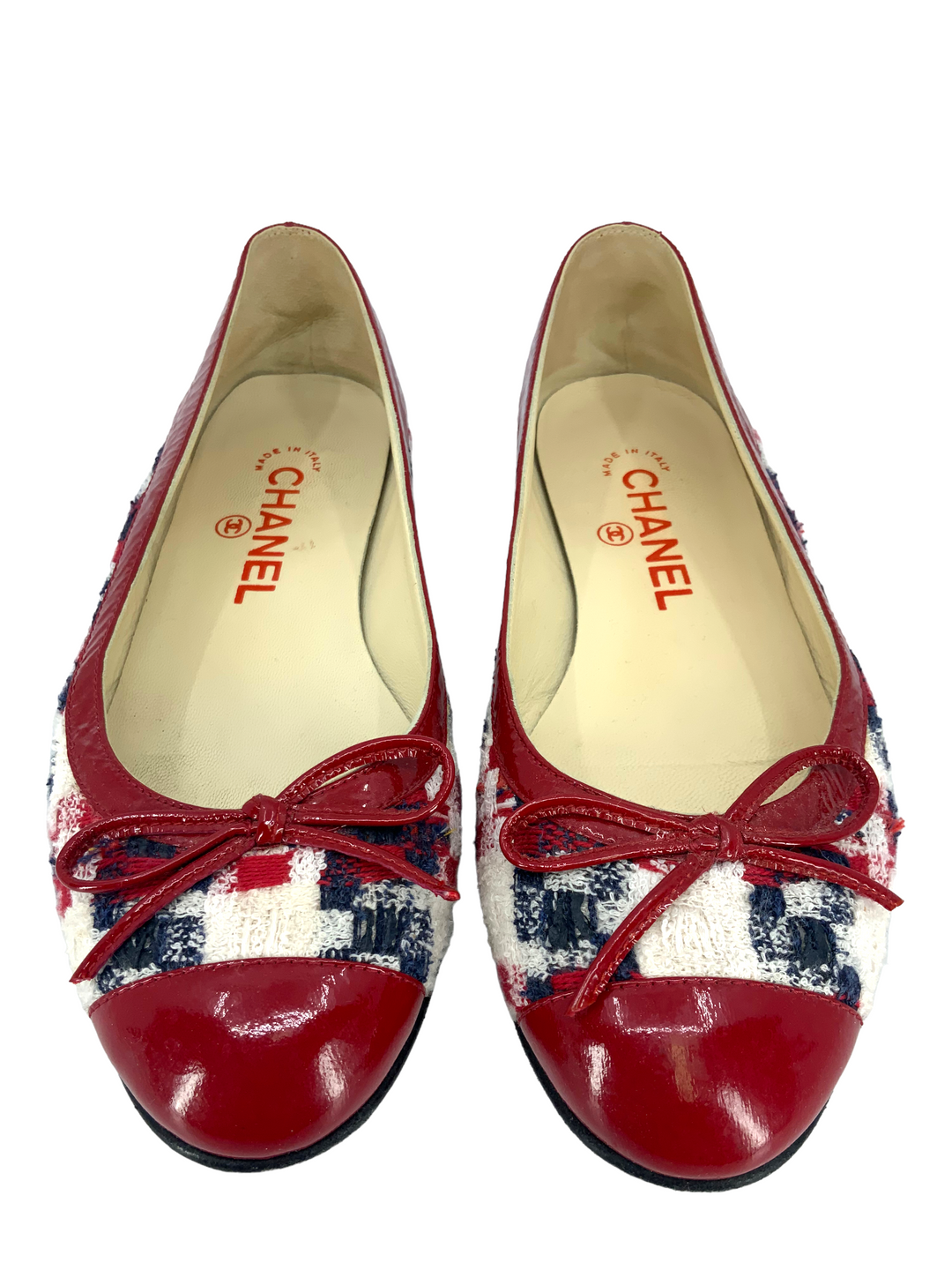 CHANEL 上品 バレリーナ パンプス CCロゴ ツイード BALLET FLAT Chanel Tweed CC Logo Cap Toe Ballerina Flats Size 8