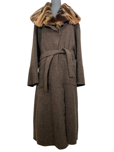 FENDI 365 Wool and Fur Collar Belted Long Coat Size O/S-Consigned Designs