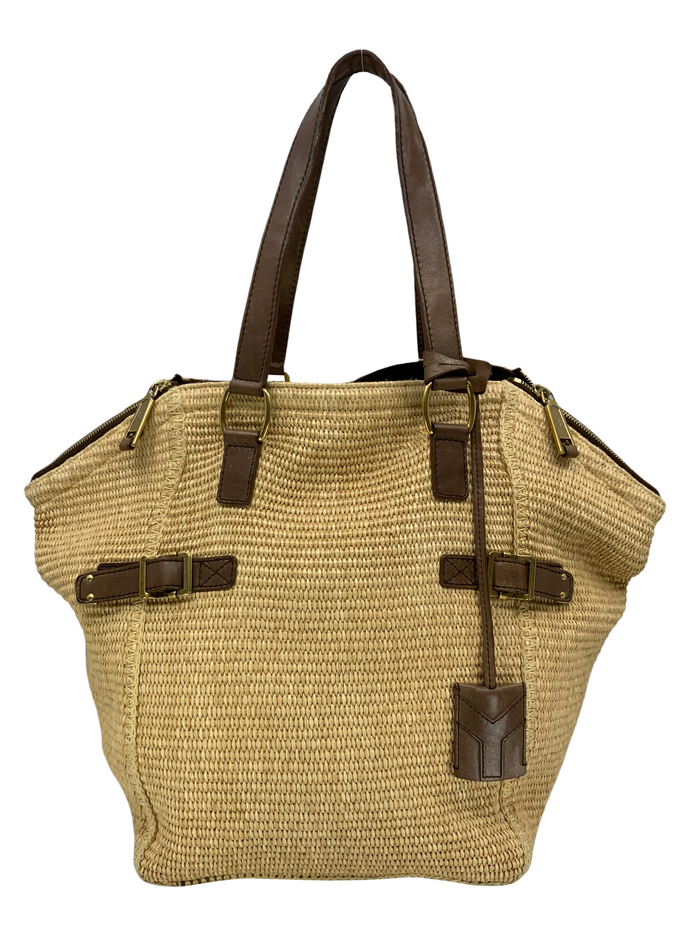 Yves Saint Laurent YSL Yellow Downtown Straw Tote Bag Brown Light