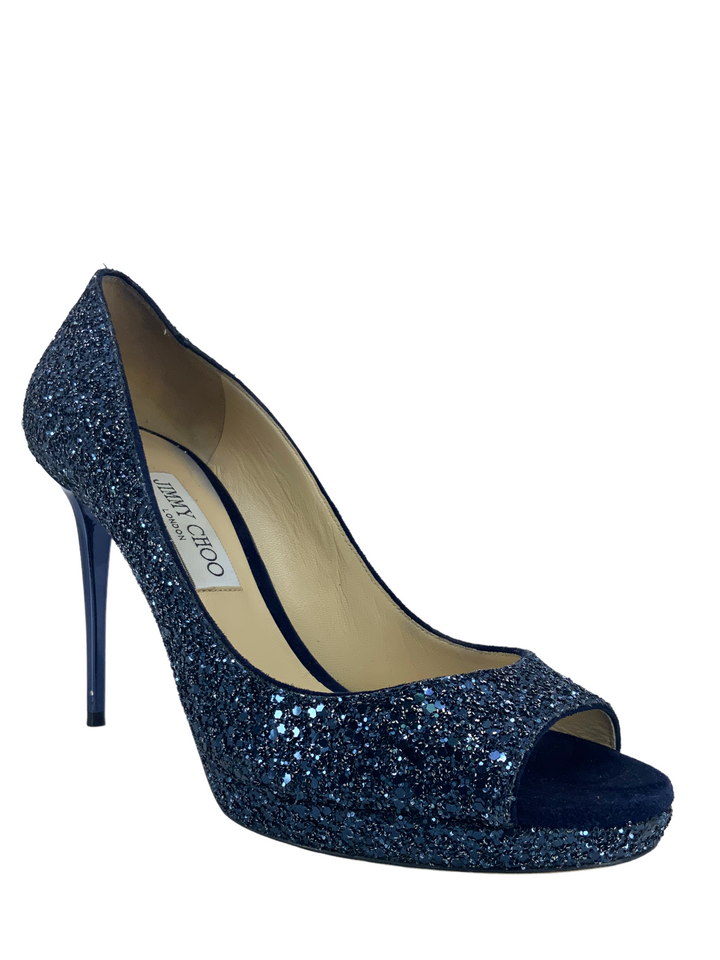 【美品】JIMMY CHOO グリッター パンプス ネイビー 38 Jimmy Choo Glitter Fabric Platform Peep Toe Pumps Size 10